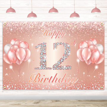 Happy 12Th Birthday Banner Backdrop - 12 Birthday Party Decorations Supplies For Girls Or Boys - Rose Gold 4 X 8Ft