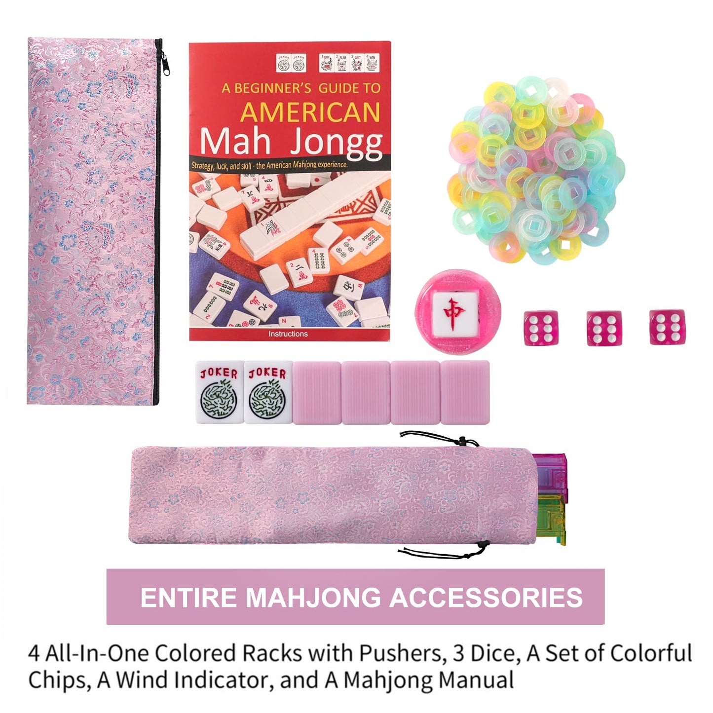 TIASUSAN American Mahjong Game Set, 166 Pink Tiles, Pink Bag with Entire Accessories, 4 All-in-One Rack/Pushers, Mahjong Tiles S