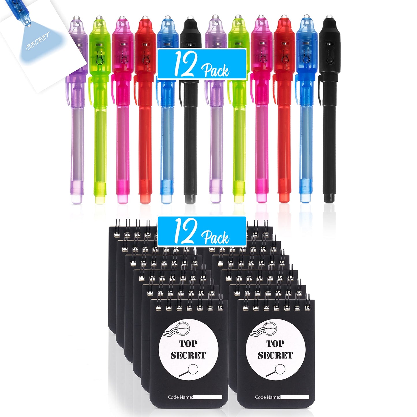 JOYRANGE 12-Pack Party Favors for Kids - Invisible Ink Pens (12) Top Secret Notepads (12) Great Idea for Party Favors and Games,