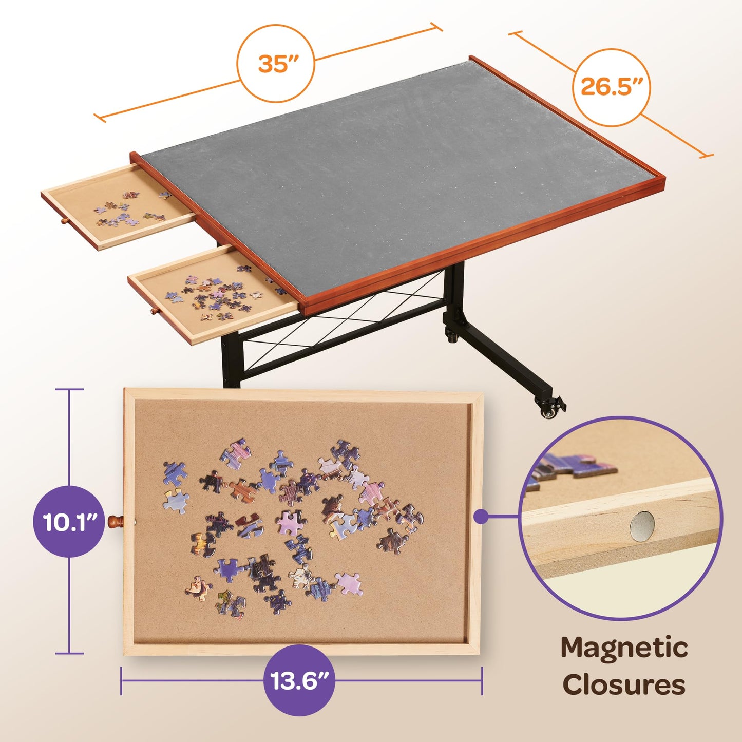 JOYBERRI Jigsaw Puzzle Table - 1500 Piece Board, Adjustable Height, Portable with Drawers, Black/Brown/Gray, 35"x26.5", Model JB-PZL