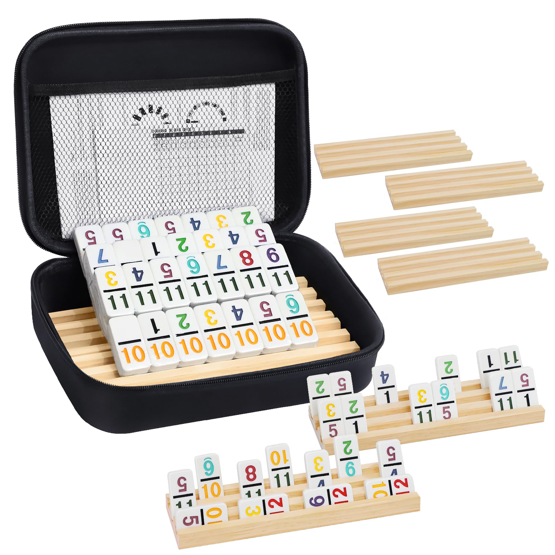 Mexican Train Dominoes Set With Numbers And 8 Wooden Trays/Racks, Double 12 Dominos Travel Set With 8 Tiles Holders, 91 Tiles Double 12 Colored Dominoes Game Set With Portable Case For Families Kids