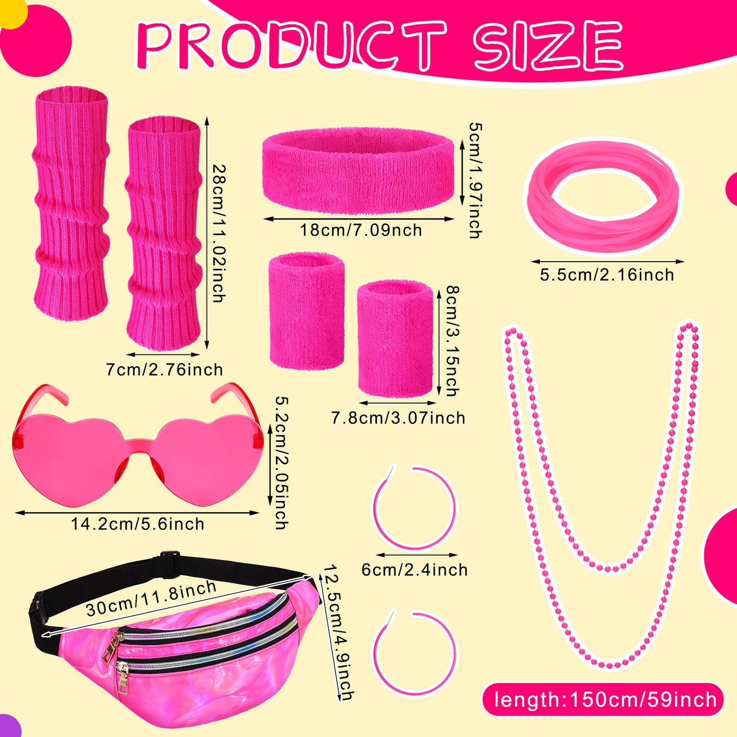 Vabean 17 Pcs Kids 80s Costume Accessories Set Halloween Girls Cosplay 1980s Retro Party Outfits Holographic Fanny Pack Ribbed Leg Warmers Headband Wristbands Glasses Necklace Earrings Bracelet