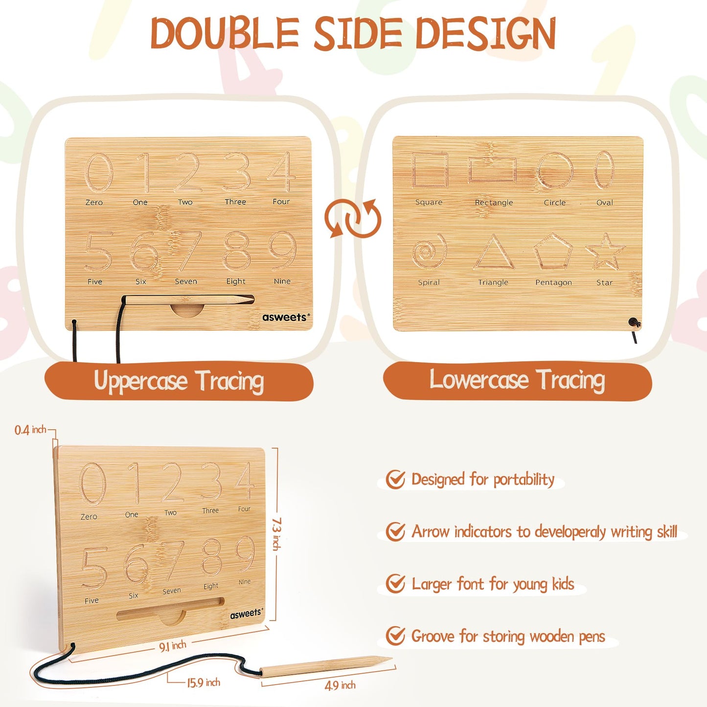 Asweets Montessori Wooden Number Practicing Board, Double-Sided Tracing Board And Shape Recognitiontool To Writing 123 Educational Toy Game For Preschool 3 4 5 Years Old Gifts