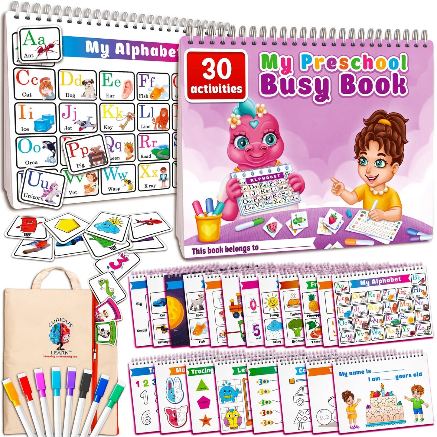 Curious 2 Learn Montessori Preassembled Busy Book For Toddlers Ages 3 And Up, Pre K Preschool Learning Activities Book - Autism Sensory Learning & Education Toys Kindergarten Workbook (Pink)