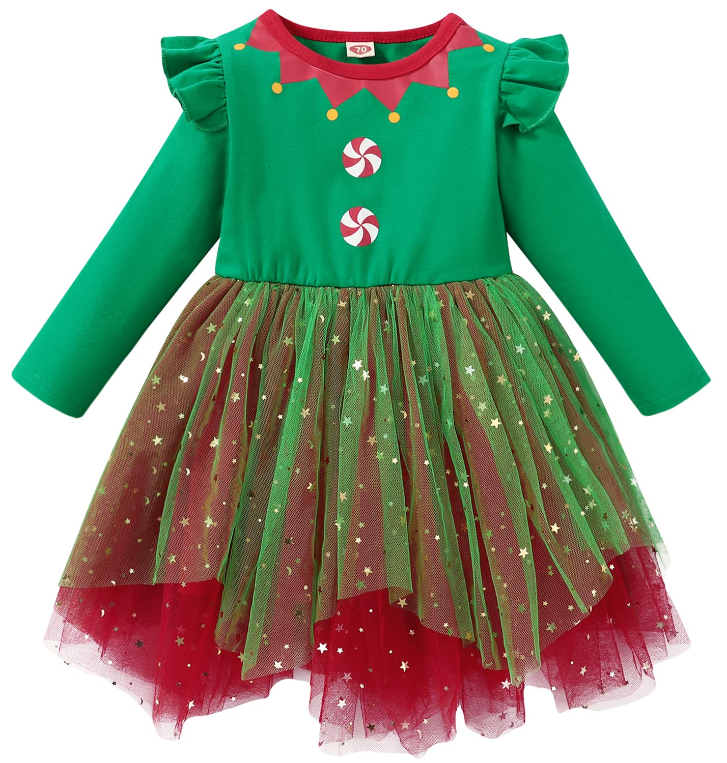 Agqt Toddler Girls Christmas Dresses Long Sleeve Xmas Outfit Santa Claus Elf Costume Princess Tulle Tutu Dresses Green Santa Elf
