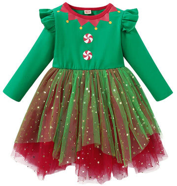 Agqt Toddler Girls Christmas Dresses Long Sleeve Xmas Outfit Santa Claus Elf Costume Princess Tulle Tutu Dresses Green Santa Elf