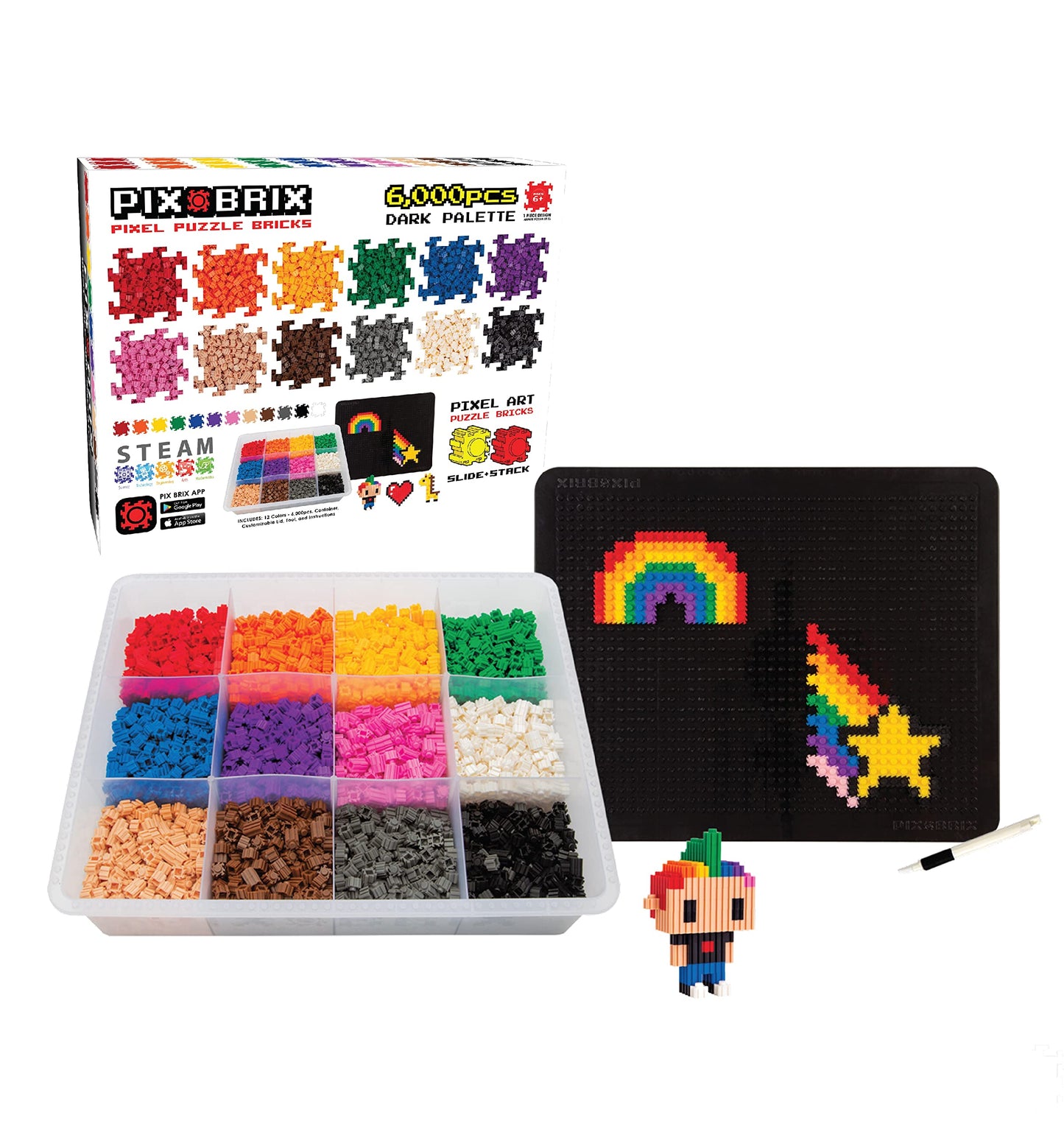 Pix Brix Pixel Art Puzzle Bricks - 6 000 Piece Pixel Art Container  12 Color Dark Palette - Interlocking Building Bricks  Create 2D and 3D Builds Without Water or Glue - Stem Toys  Ages 6 Plus