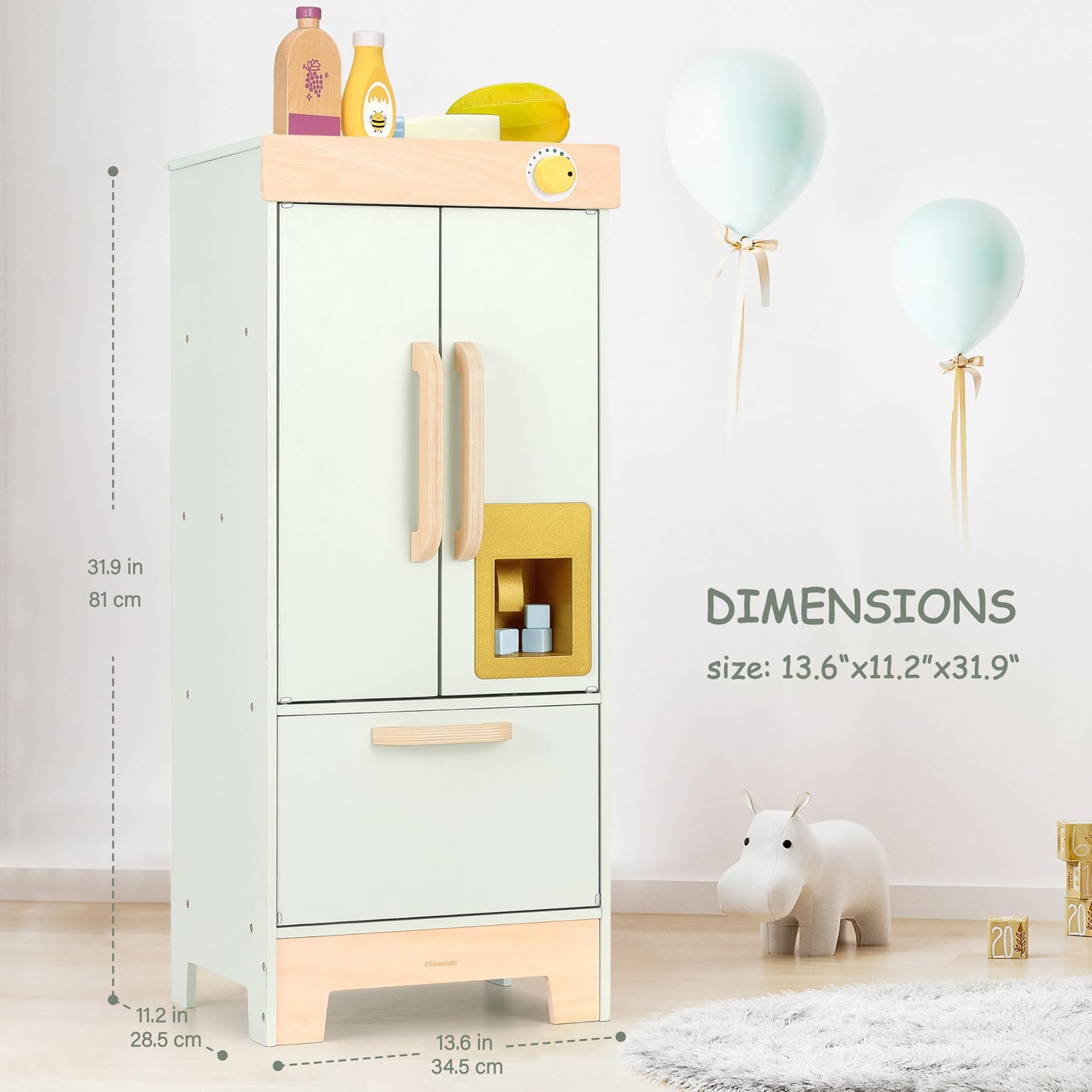 Pillowhale Wooden Play Refrigerator with Ice Maker - Mint Green Kids Fridge Toy, 4 Wooden Ice Cubes & Cup, Quiet Click Handle, M