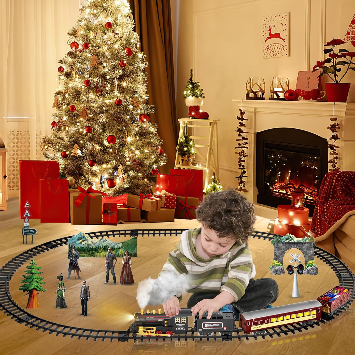 Unih Electric Train Set,Train Toys With Smoke,Lights & Sounds,Toy Train With Steam Locomotive Engine,Luminous Passenger Car & Tracks, Xmas Train Toys For Boys Kids 3 4 5 6 7 8+ Year Old Gifts