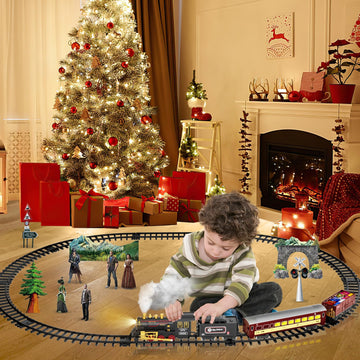 Unih Electric Train Set,Train Toys With Smoke,Lights & Sounds,Toy Train With Steam Locomotive Engine,Luminous Passenger Car & Tracks, Xmas Train Toys For Boys Kids 3 4 5 6 7 8+ Year Old Gifts