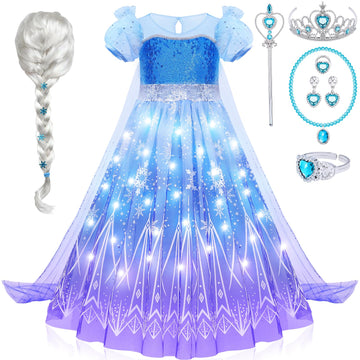 G.C Girls Light Up Elsa Costume Dress Princess Dress Up Clothes With Cape Toddler Kids Wig Crown Halloween Cosplay