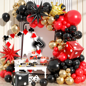 Casino Theme Balloon Arch Kit, 104 Pcs Red Black And Gold Metallic Latex Balloon Garland Kit With Dice Crown Explosion Star For