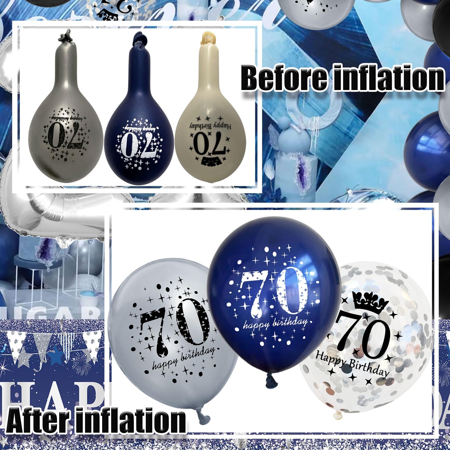 UniBirthLon 18Pcs Navy Blue Silver 70th Birthday Balloons Decorations for Men Women, Confetti Latex Balloons for 70th Anniversary Party Decor