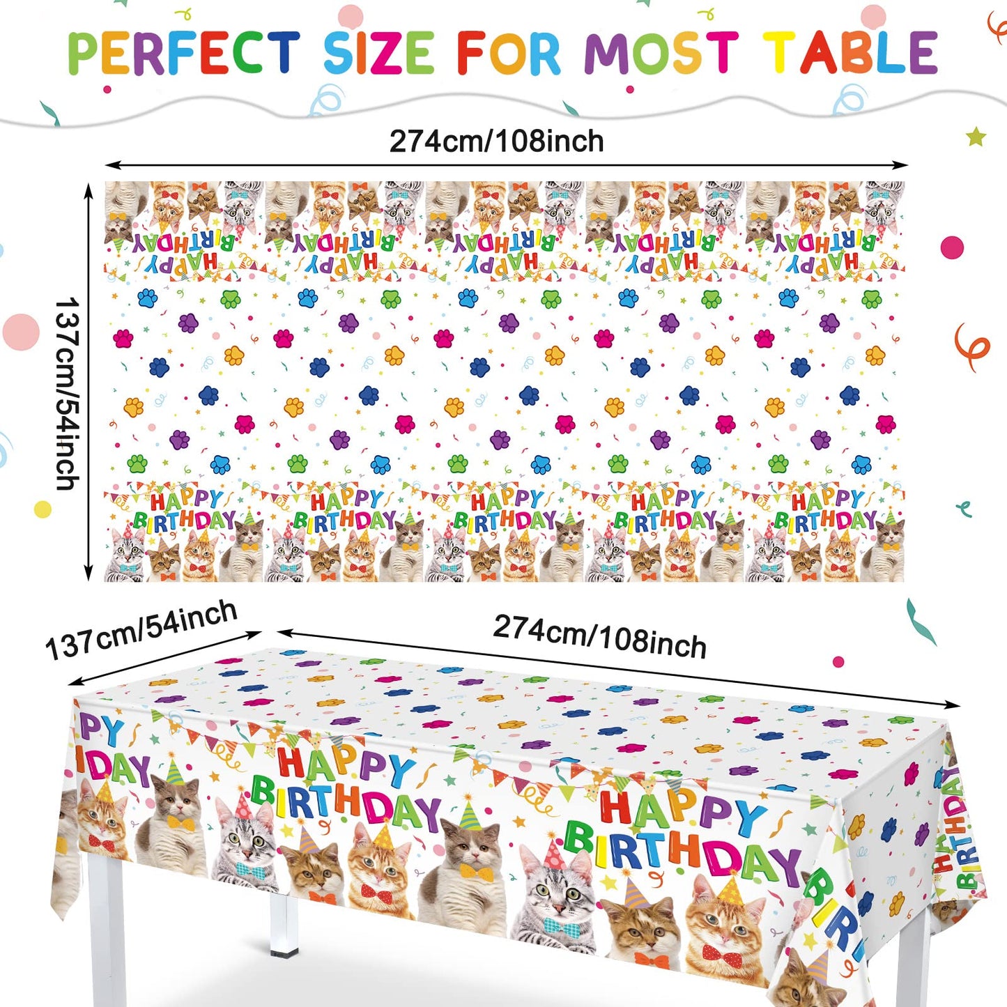 3 Pack Cute Cat Theme Plastic Tablecloth 54 x 108 Inch Kitten Cat Paw Print Disposable Table Cover for Kids Baby Shower Birthday