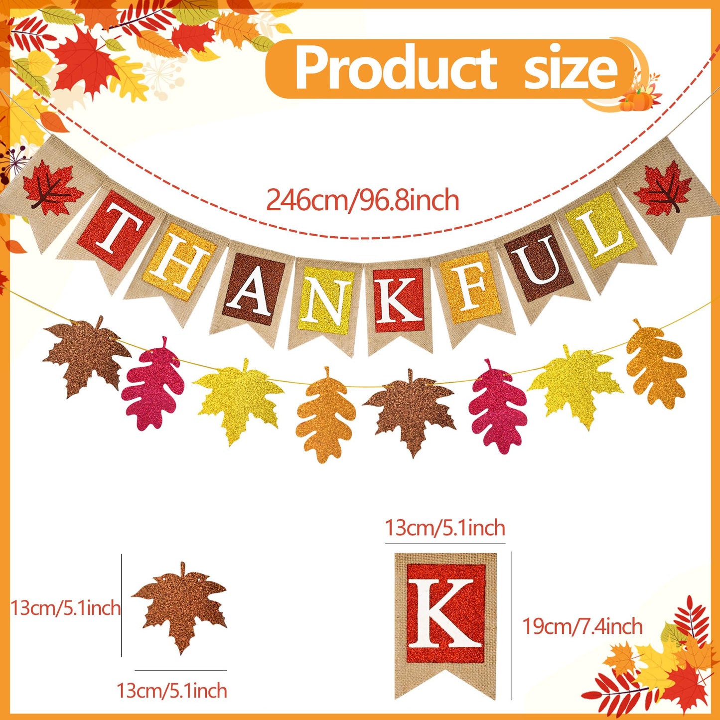 CUUSNNY Thankful Burlap Banner with Maple Leaves,Glitter Rustic Fall Thanksgiving Decorations for Mantle Fireplace,Harvest Party