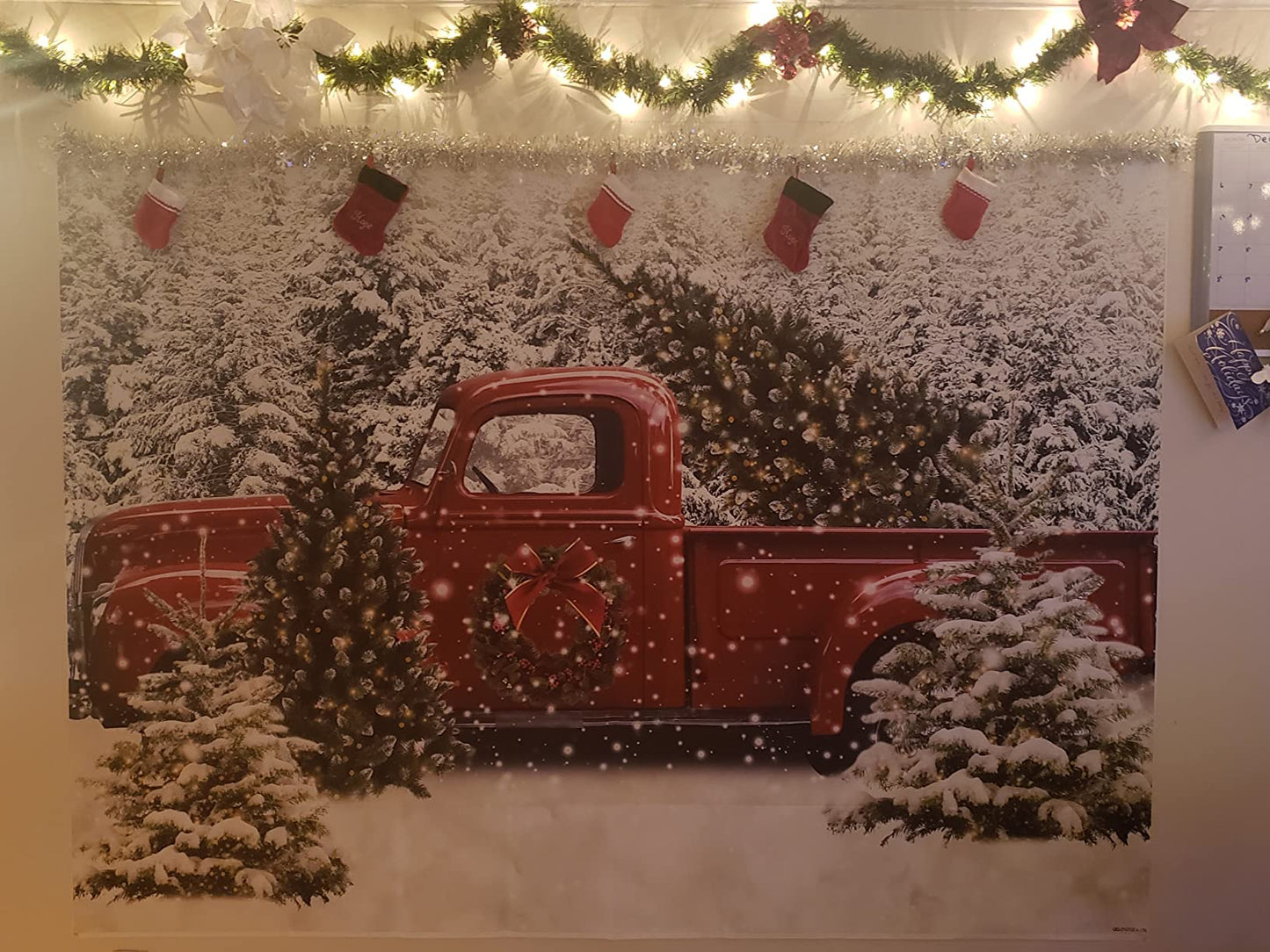 Avezano Christmas Backdrop - Vintage Red Truck with Tree, 8x6ft Vinyl, Winter Snowy Forest for Kids Portraits & Photobooth Props