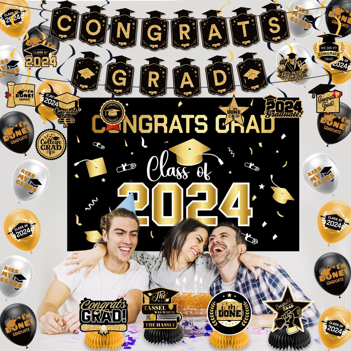 Graduation Decorations Class Of 2024,Gold Themed Graduation Decorations Set,Class Of 2024 Backdrop Banner,Graduation Hanging Swi