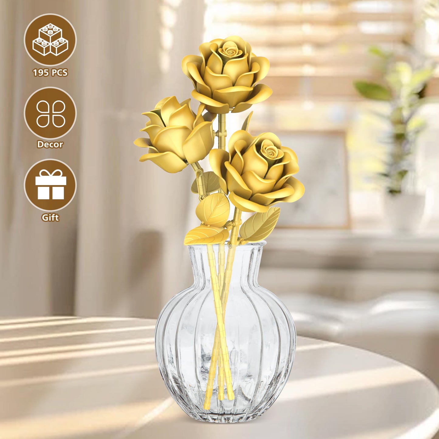 QIFUN Gold Roses Building Set - 3-Piece Bouquet, Plastic, 1 Inch, Romantic Home Decor Gift for Her, Model QF-1