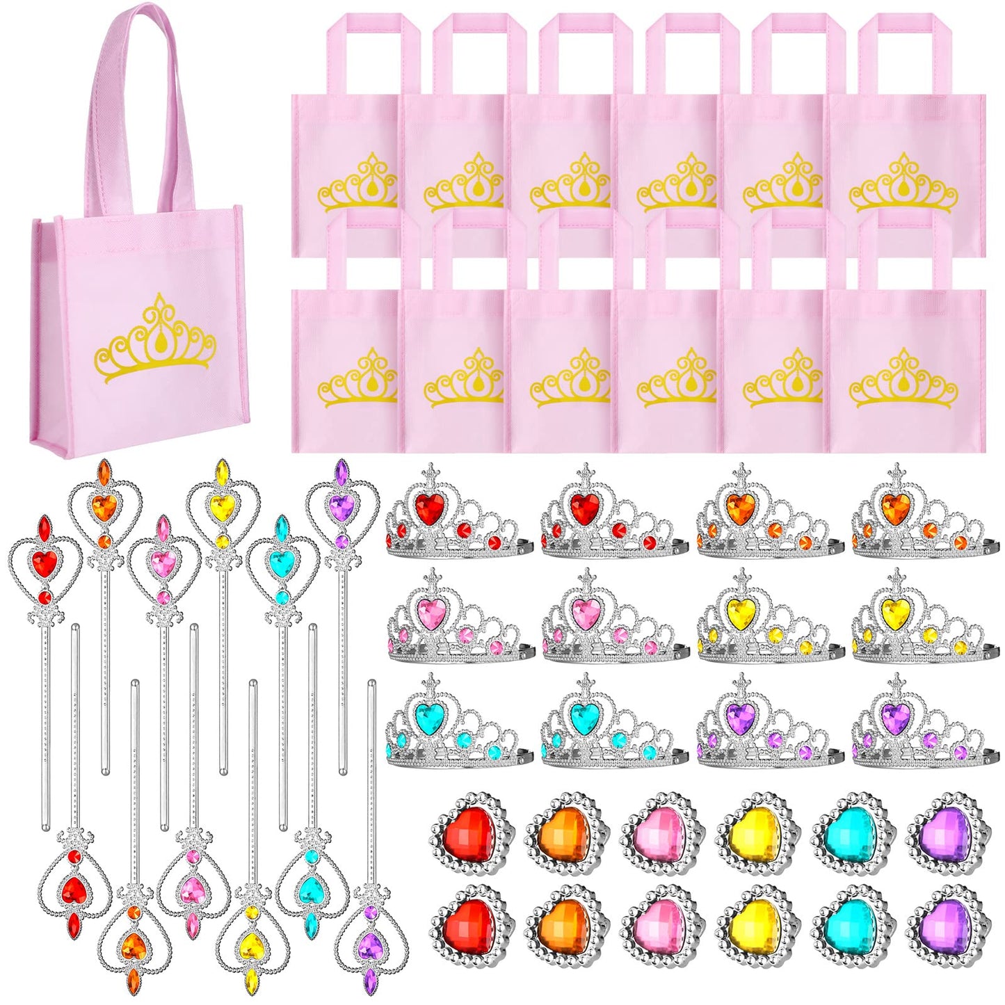 Yinder 12 Princess Party Favors Costume Dress up Accessories Set Included Gift Bags Princess Plastic Crown Tiara Rings and Wands