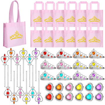 Yinder 12 Princess Party Favors Costume Dress up Accessories Set Included Gift Bags Princess Plastic Crown Tiara Rings and Wands
