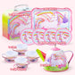 JOYIN Unicorn Tea Set for Toddlers Tea Party Set for Children Kids Pretend Role Play Tin Teapot Set with Cups, Plates and Carryi