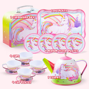 JOYIN Unicorn Tea Set for Toddlers Tea Party Set for Children Kids Pretend Role Play Tin Teapot Set with Cups, Plates and Carryi