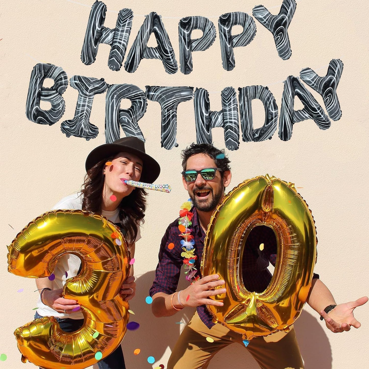 Toniful Black Marble Happy Birthday Balloons Banner,16 Inch Mylar Foil Letters Birthday Sign Bunting For Girls Boys Kids & Adult