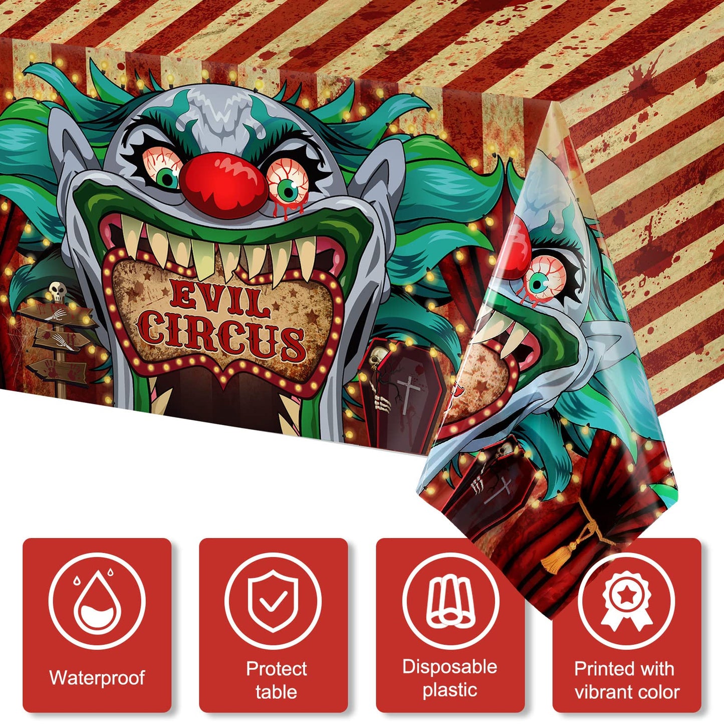 Tiamon 3 Pieces Halloween Tablecloth Horror Circus Table Cover Giant Evil Clown Tablecloth Halloween Circus Plastic Table Cover