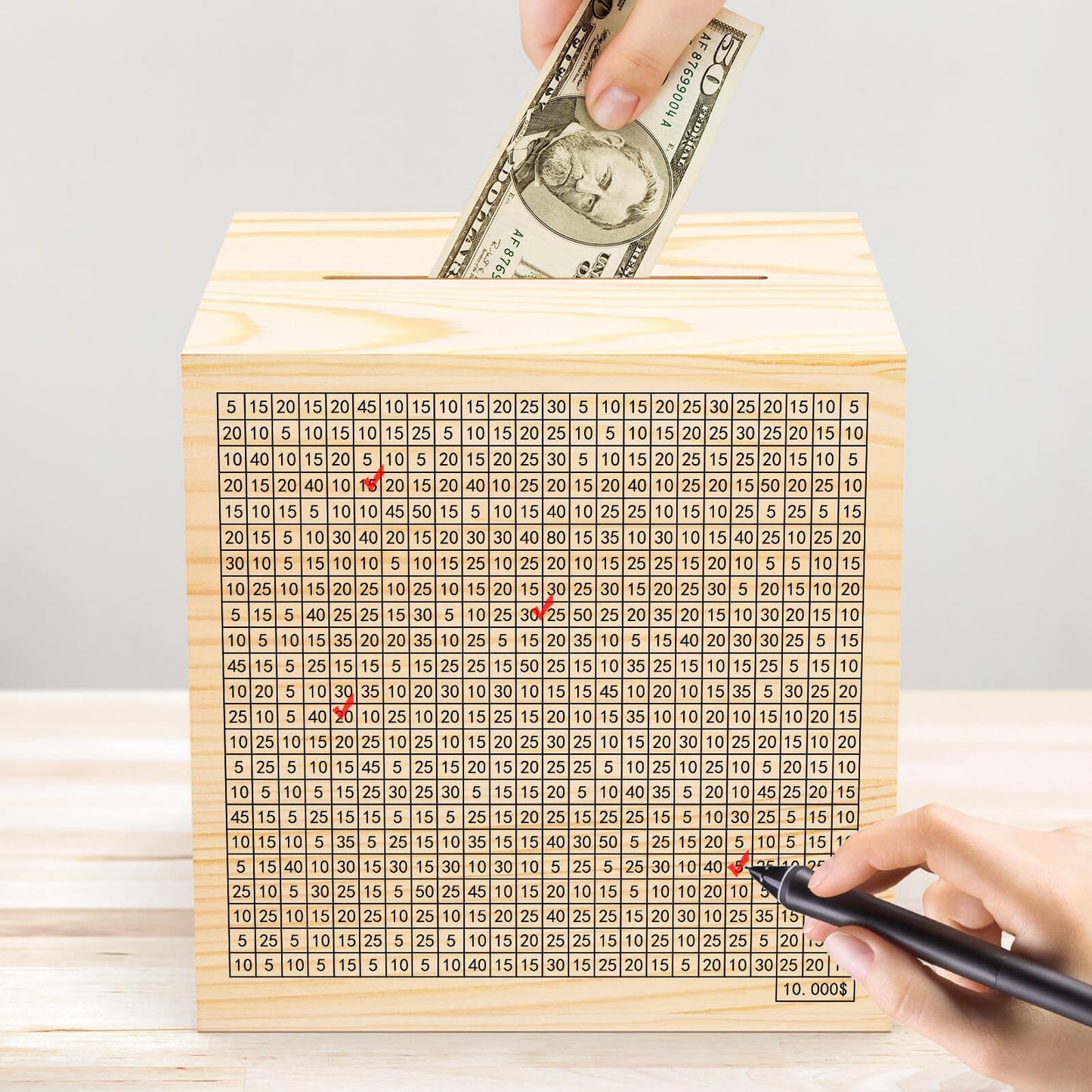 Hchangen 10000 Wooden Savings Challenge Box For Adults Kids, Wood Coin Piggy Bnak, Must Break To Open Money Box With Counter (Na