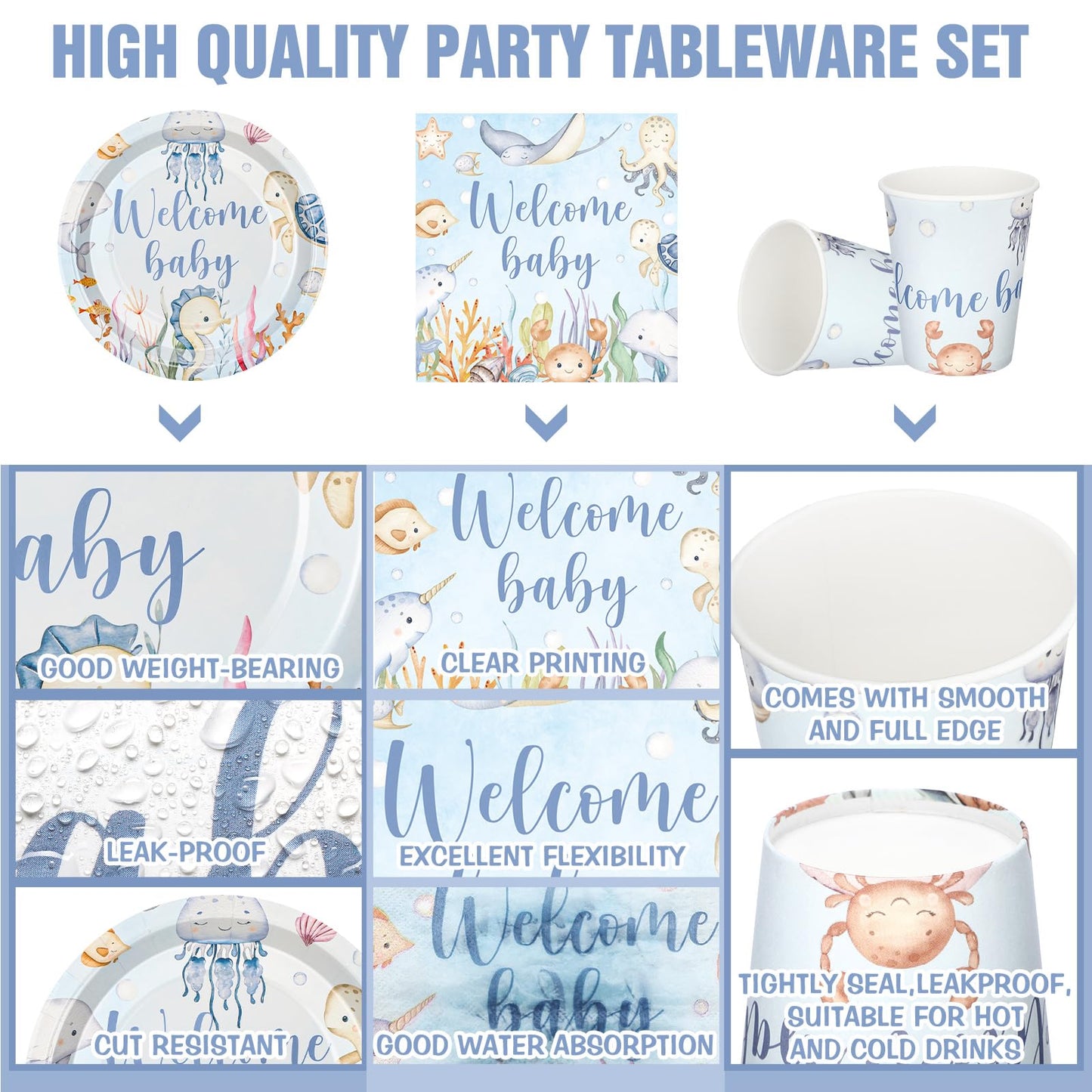 Hushee 200 Pcs Under the Sea Baby Shower Paper Plates Napkins Cups Baby Shower Party Supplies Tableware Set Disposable Cup Napki