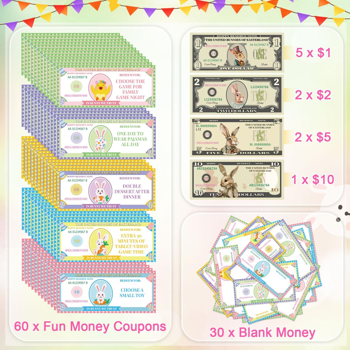 Juleasel 100 Pcs Easter Egg Fillers-Bunny Money Coupons, Paper Easter Egg Tokens Basket Stuffers, 60 Redeemable Coupons+30 Blank