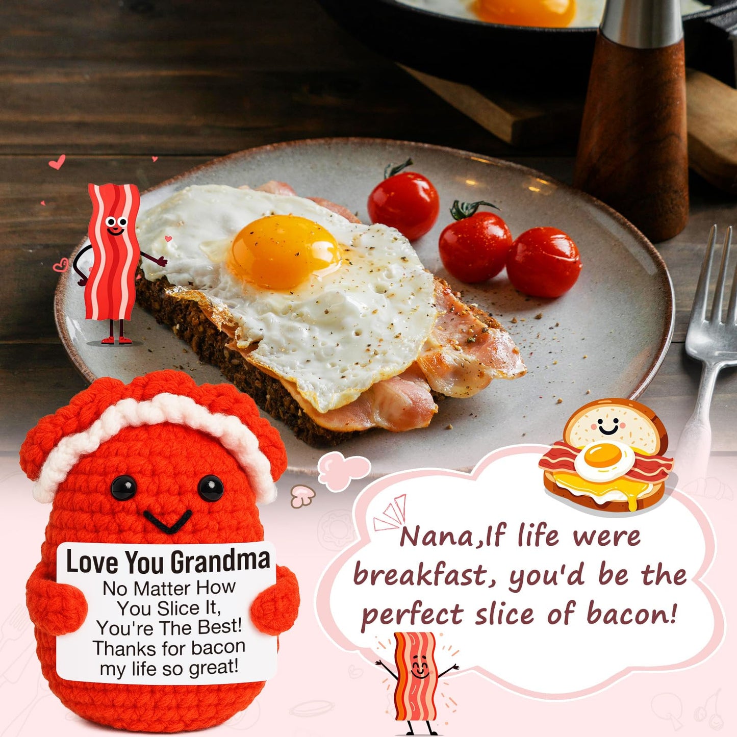Mini Birthday Grandma Gifts from Granddaughter Grandson Christmas Thanksgiving Day Gift for Grandma Cute Handmade Crochet Bacon