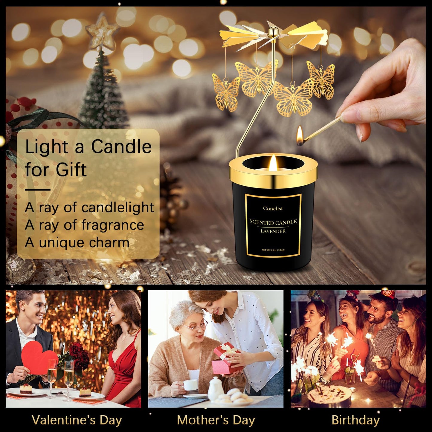 Conelist 4 Pack Christmas Butterfly Candle Gift for Women Hummingbird Rose Moon Cat Lavender Rose Scent Spinning Candle Rotatabl