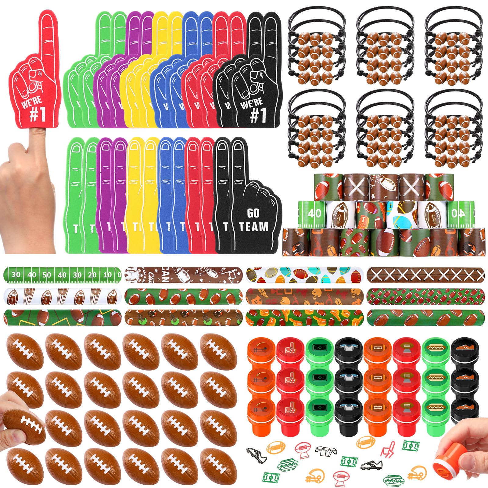 Aoriher 120 Pcs Football Sport Balls Party Favors Set Serve 24, Football Goodie Foam Finger Mini Stress Ball Slap Bracelet Charm