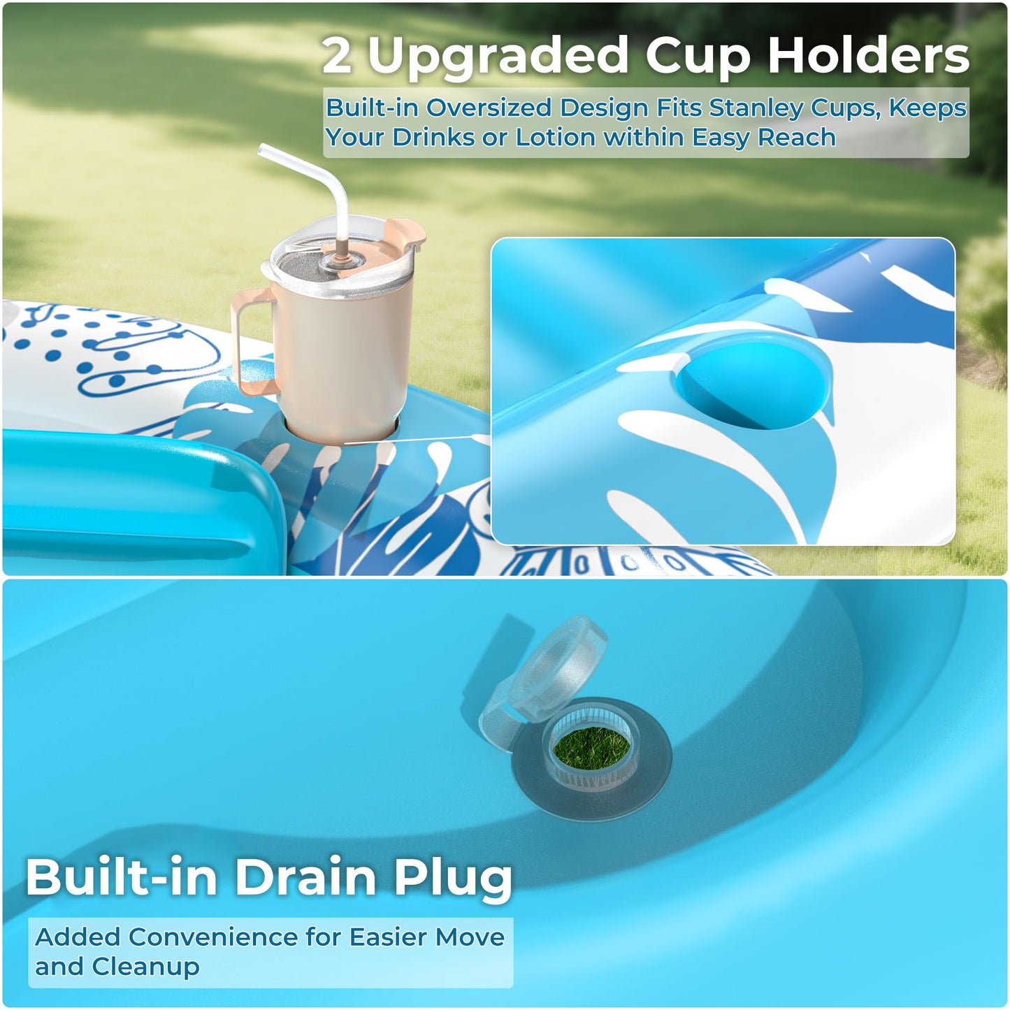 Inflatable Tanning Pool Lounger Float with Protection Tarp  75 x 75 Pool Floats mature-themed with Pillow  6 in 1 Suntan Tub Raft Floatie  Sunbathing Water Lounge Blow Up Pool Kids Ball Pit Party Gifts-Blue