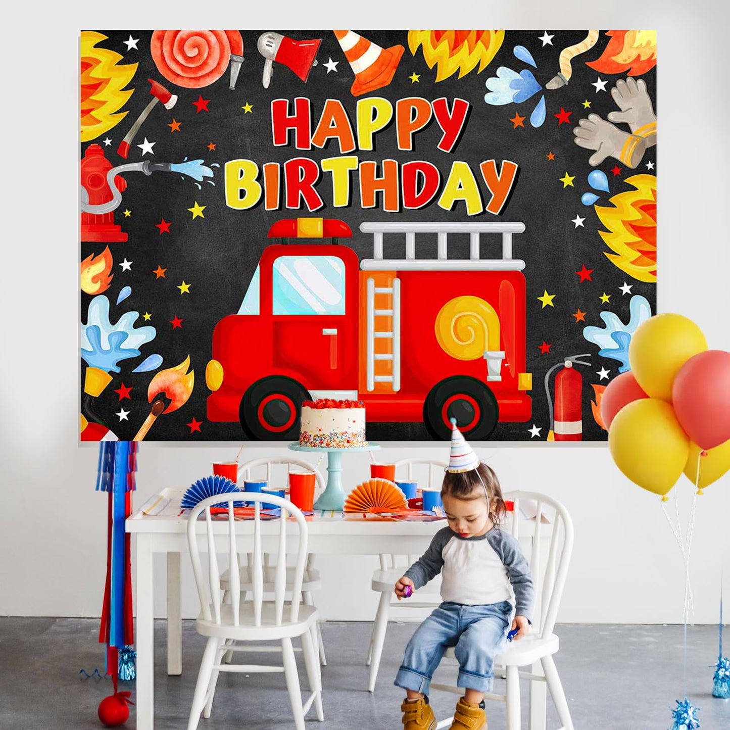 Mocsicka Fireman Birthday Backdrop 7x5ft Fire Truck Happy Birthday Party Decorations Banner Fireman Theme Kids Bday Background B