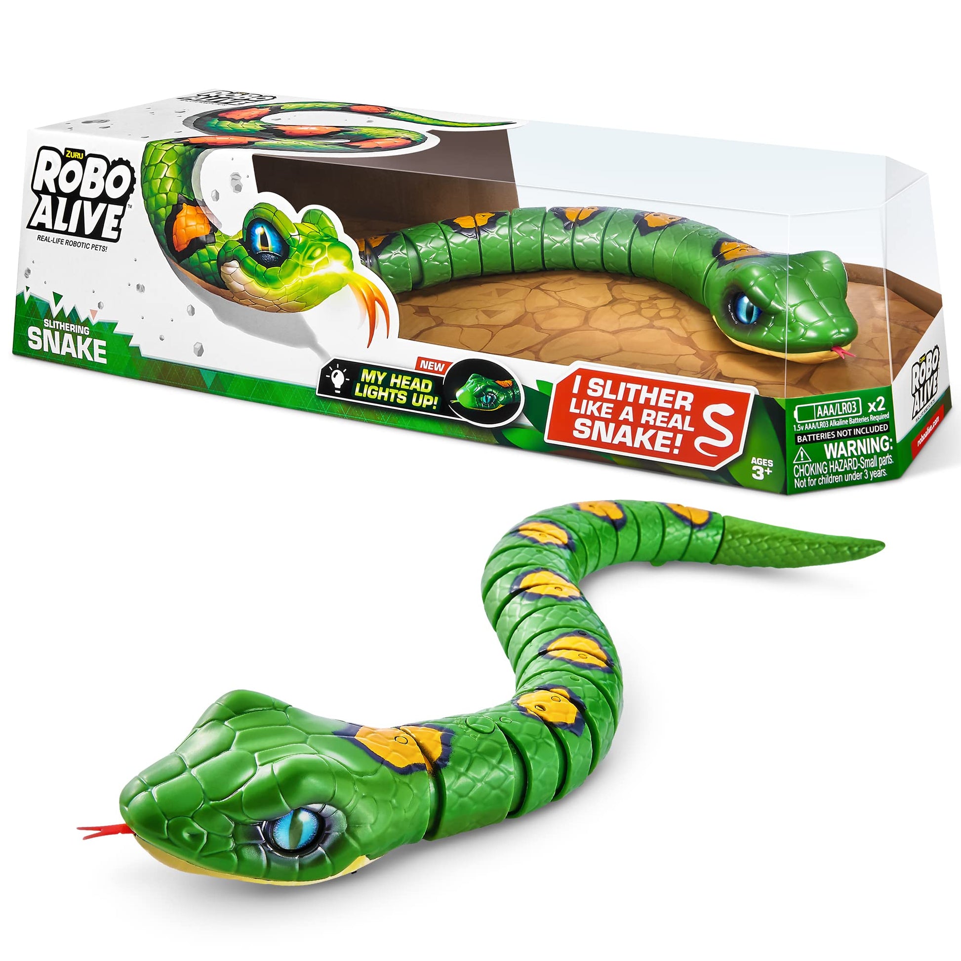 Robo Alive Slithering Snake Series 3 Green By Zuru Battery-Powered Robotic Light Up Reptile Toy That Moves (Green),7150B