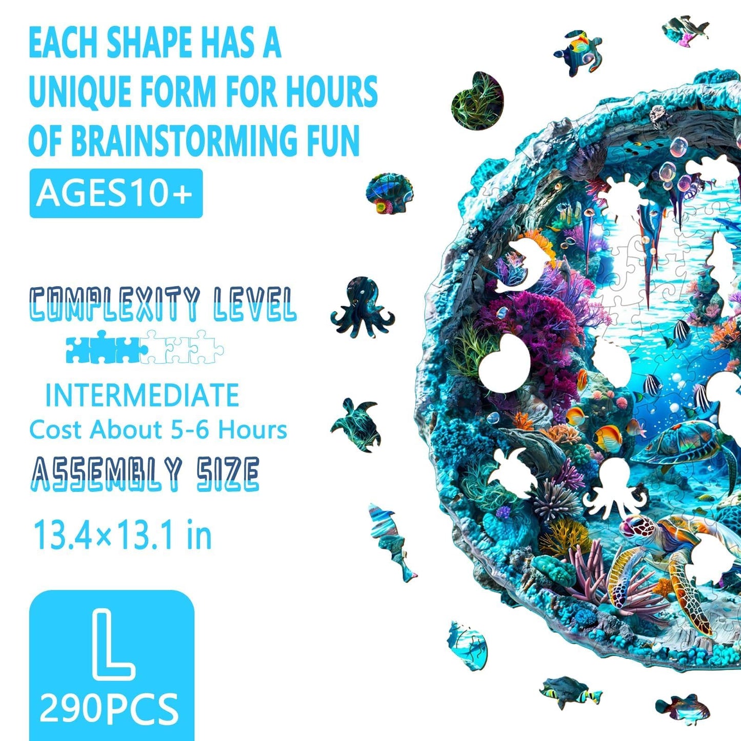 Wooden Puzzles for mature-themeds  Flat Puzzle with 3D Visual Effect  Seabed Wooden Jigsaw Puzzles for mature-themeds  Sea Turtle Wood Puzzles mature-themed  Unique Animal Shape  Wall Art Canvas Puzzle (L-13.4*13.1in-290pcs)