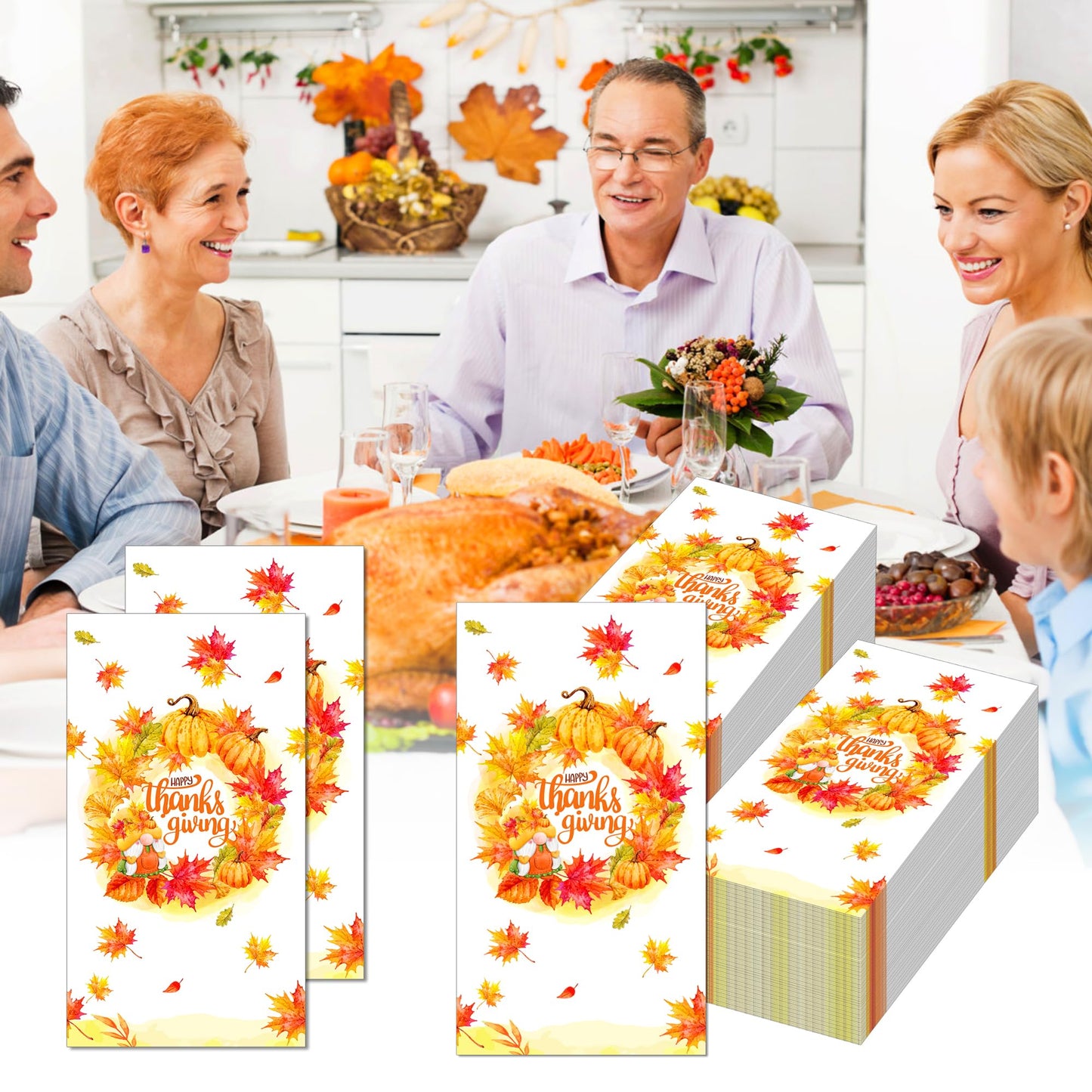 Thanksgiving Pumpkin Disposable Paper Napkins with Pumpkin Maple Leaf & Thankful Design, Thankful Hand Paper Towels for Thanksgi