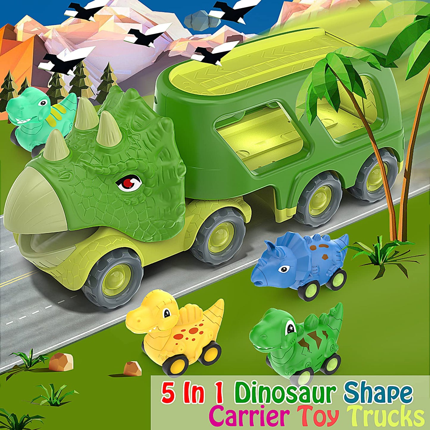 Veslier Dinosaur Transport Carrier Truck with 4 Pull Back Dino Cars, Assorted Colors, Ideal Christmas/Birthday Gift for Kids 18M+