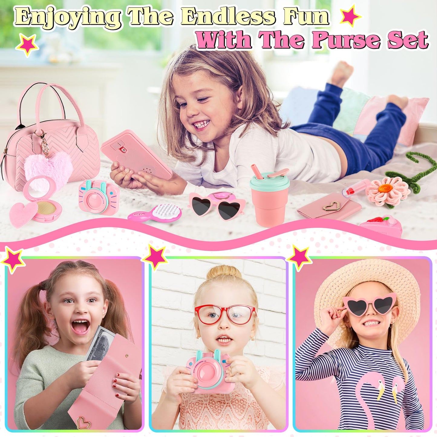 Play Purse For Little Girls Toddler, Little Girls Purse With Pretend Makeup, Girl Toys Princess Toy Pretend Play With Handbag, K