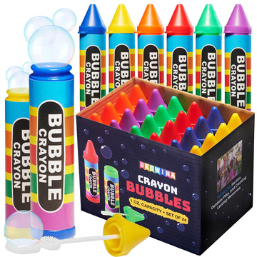 Mini Crayon Bubbles For Kids - (Pack Of 24) Bulk 1 Fl Oz Bottles With Wands - Crayon Shape Bubbles In Bright Assorted Colors - N
