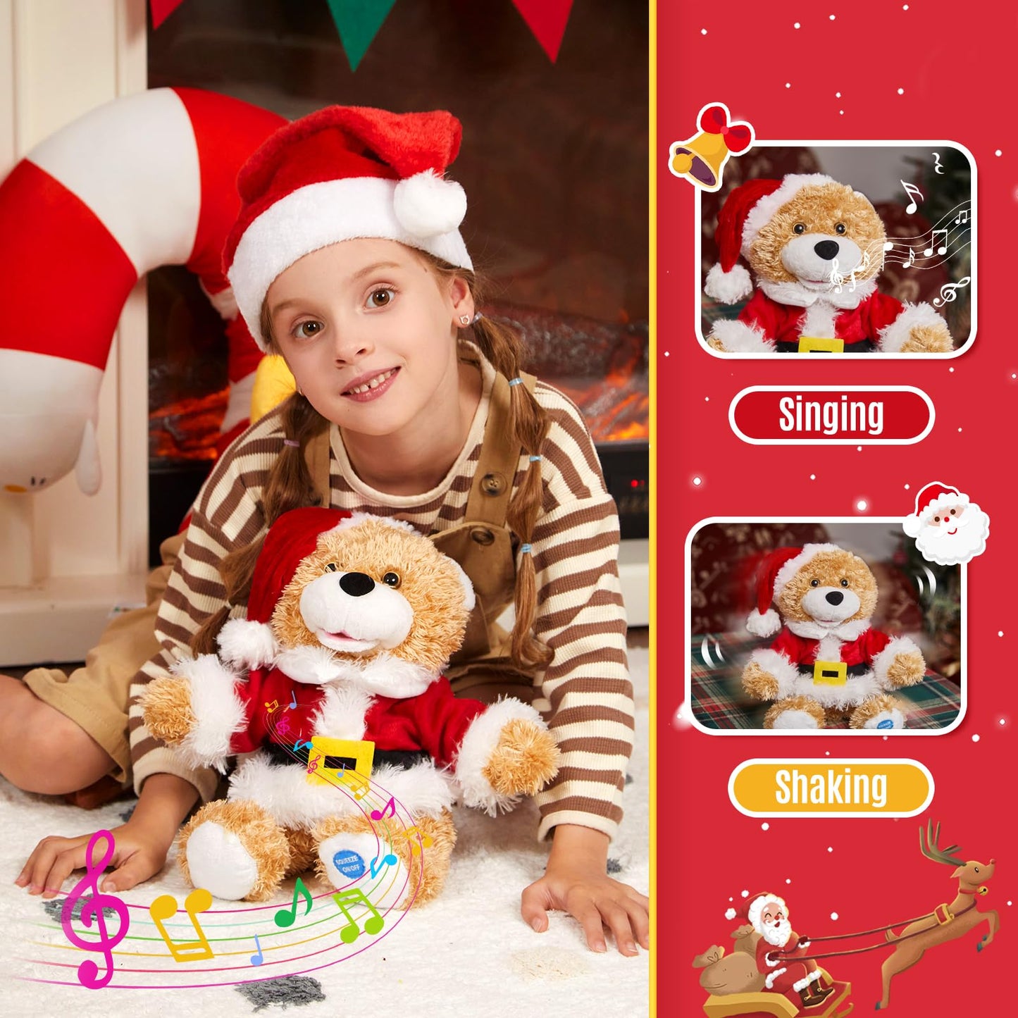 Specialyou Christmas Santa Teddy Bear Singing Stuffed Animal Interactive Musical Plush Electric Toy With Christmas Hat Companion For Kids Girls Boys New Year Decor