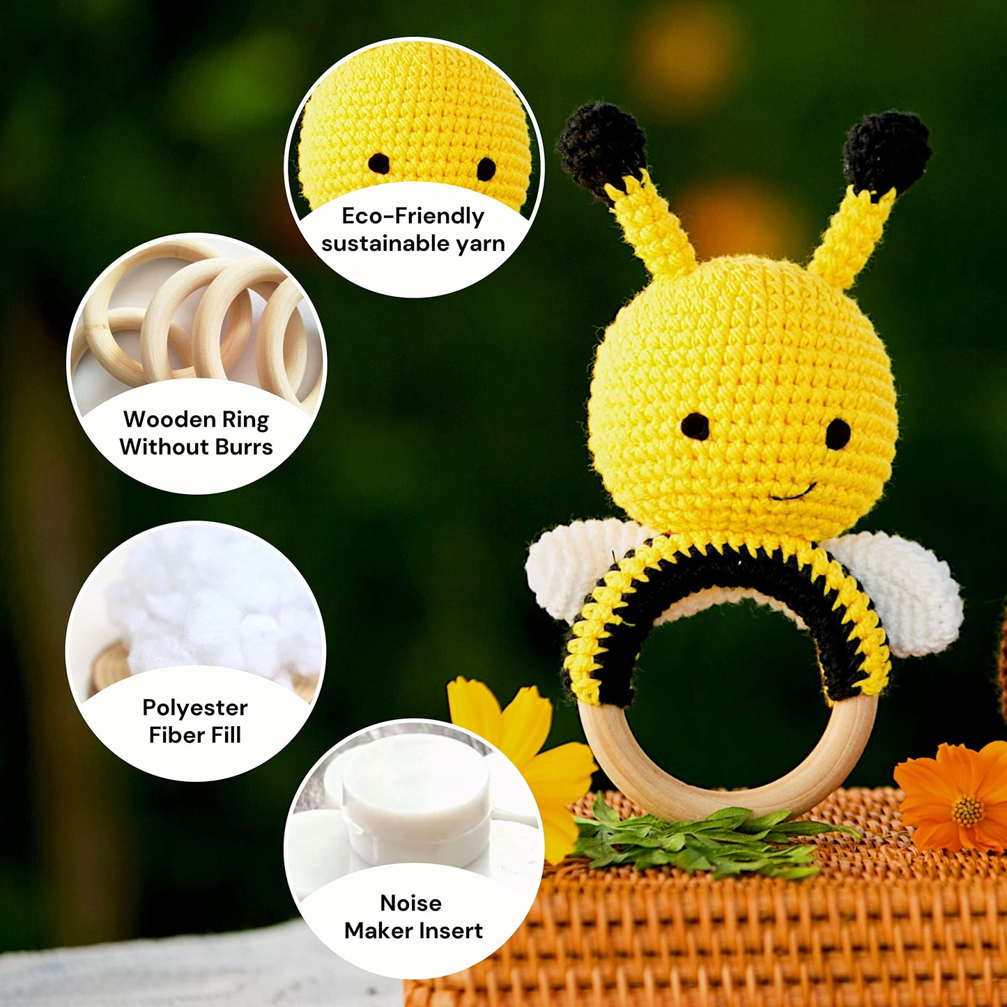 Bunny Wooden Baby Rattle, Crochet Bee Rattle Toy, Handmade Bee Stuffed Animal, Eye-Catching Colored Toy For Toddlers, Bumble Bee