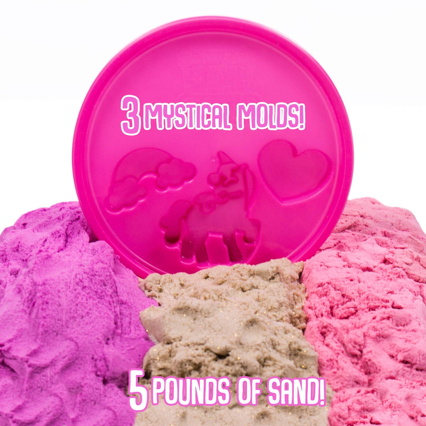 Slimysand Bucket, 5 Pounds Of Slimysand In Purple, Pink And White Glitter, 3 Molds, Bucket Is Reusable For Storage. Super Stretchy & Moldable!