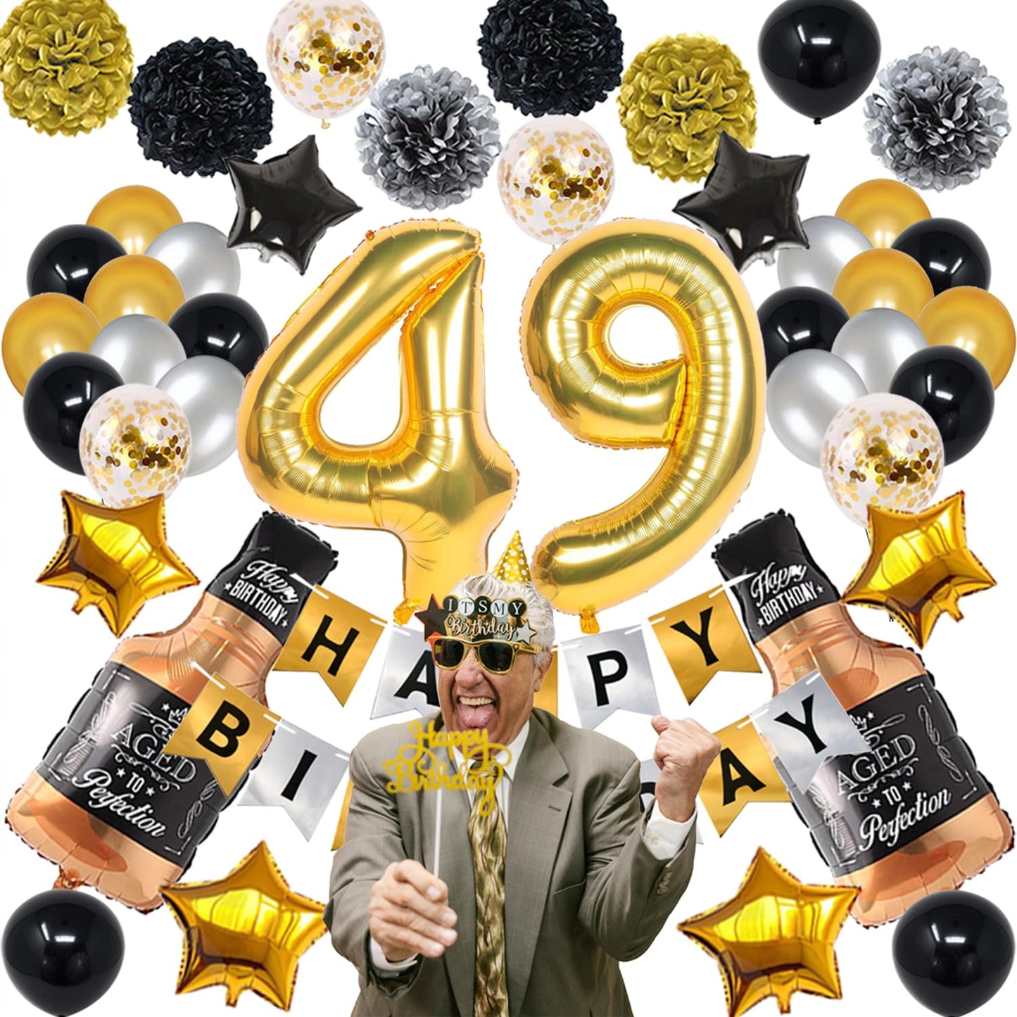 Naninuneno 49Th Gold Birthday Decorations, Gold Black Silver Happy Birthday Balloons Supplies For Boy Men Girl Women, 49 Birthda