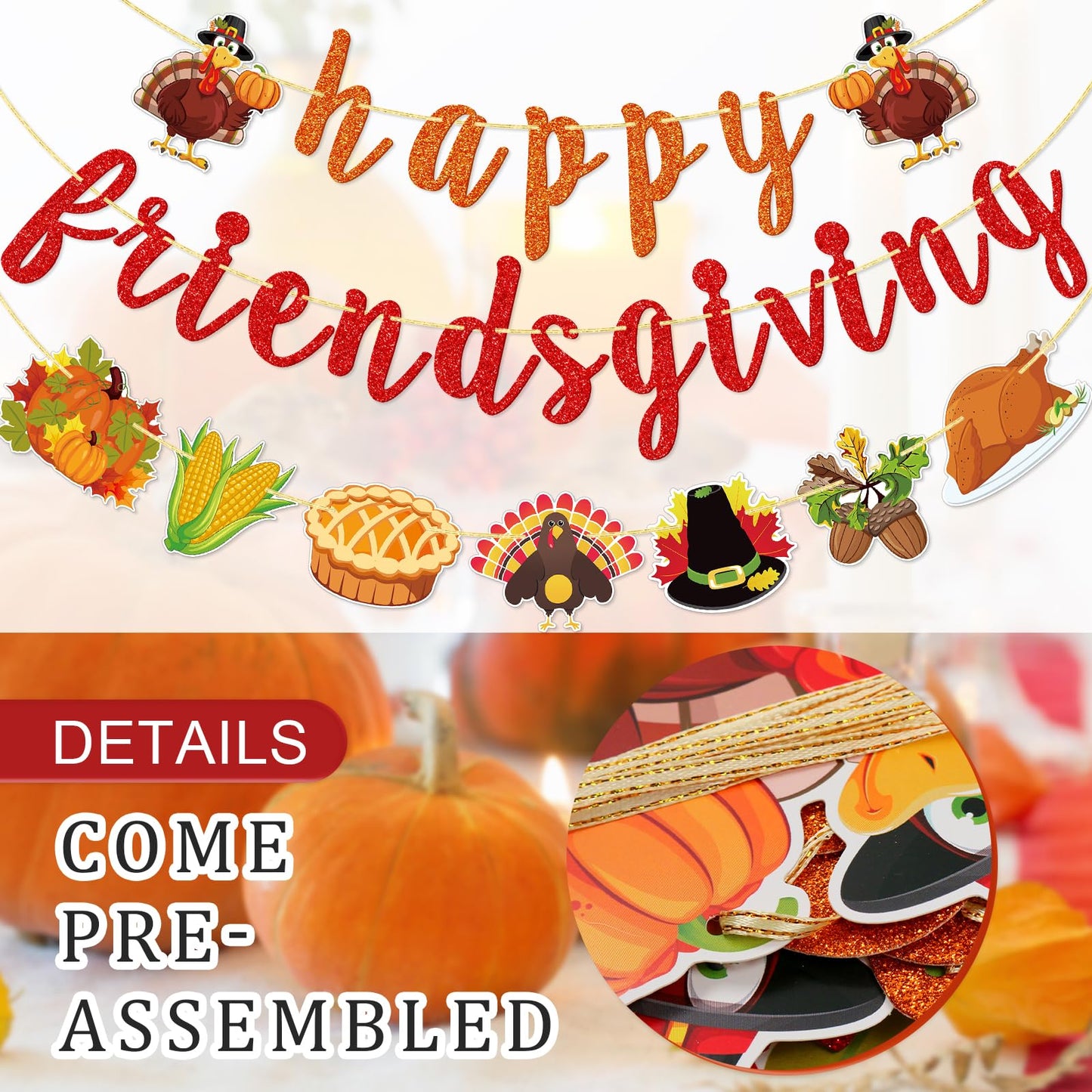 FOZEE Happy Friendsgiving Banner, Thanksgiving Friends Party Banner, Friendsgiving Turkey Decorations for Thanksgiving party, Fa