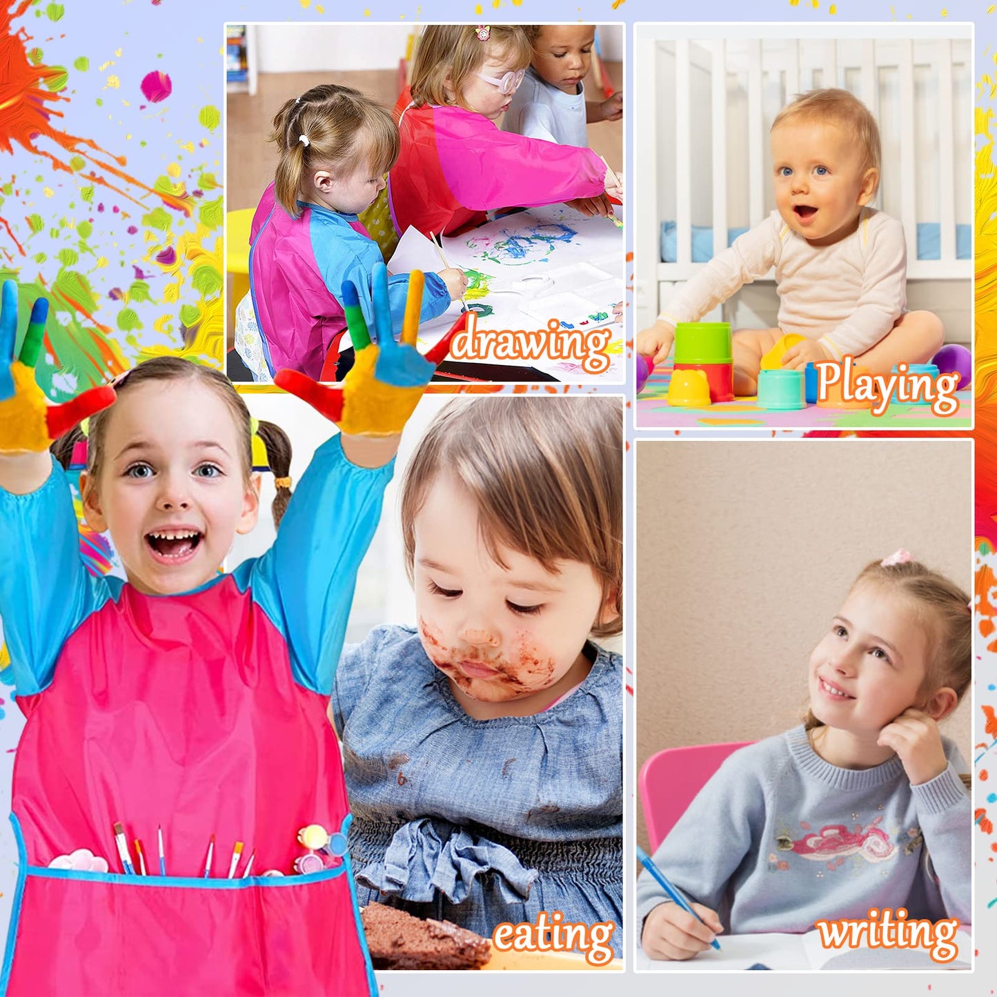 Zkptops Kids Art Smocks 18 Pack Waterproof Long Sleeve Aprons for Ages 3-7, Medium, Polyester