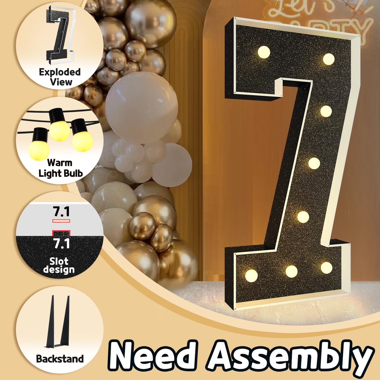 Imprsv Marquee Numbers Black 3Ft: Black Party Decor - Light Up Number 7 Large 3 Feet Tall - Birthday Decorations For Him Her 7Th