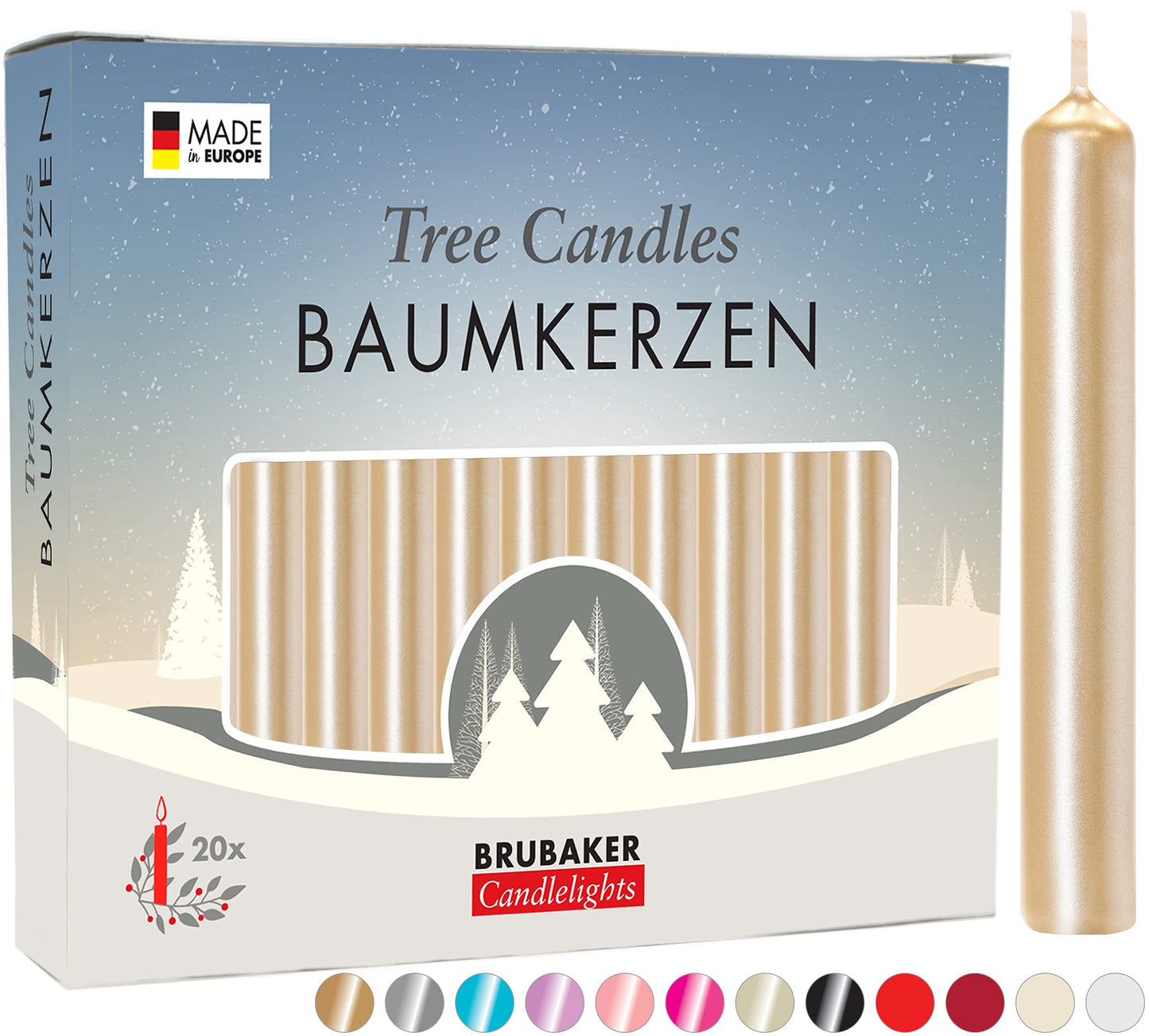 BRUBAKER Tree Candles - Pack of 20 - Pale Gold - 3 x  Inches - Made in Europe - Christmas Wax Candles for Pyramids, Carousels & 